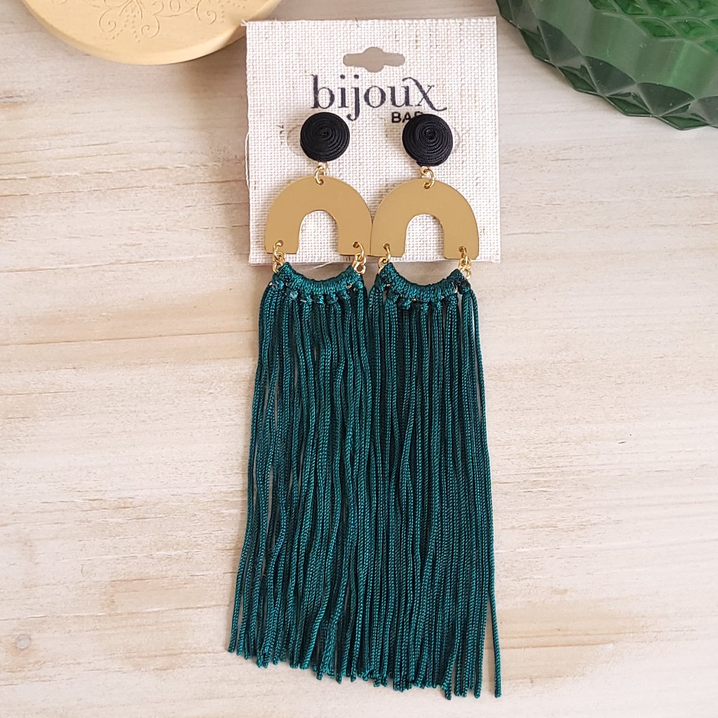 New Stylish Earrings With Gold Arches And Forest Green Fringe